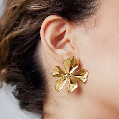 Stainless steel gold big flora flower stud earrings (5 pairs)