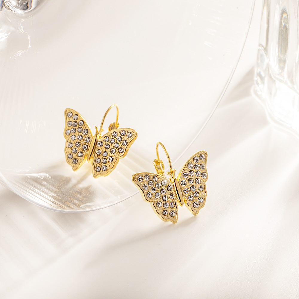 Stainless steel gold zircon butterfly drop hook earrings (5 pairs)