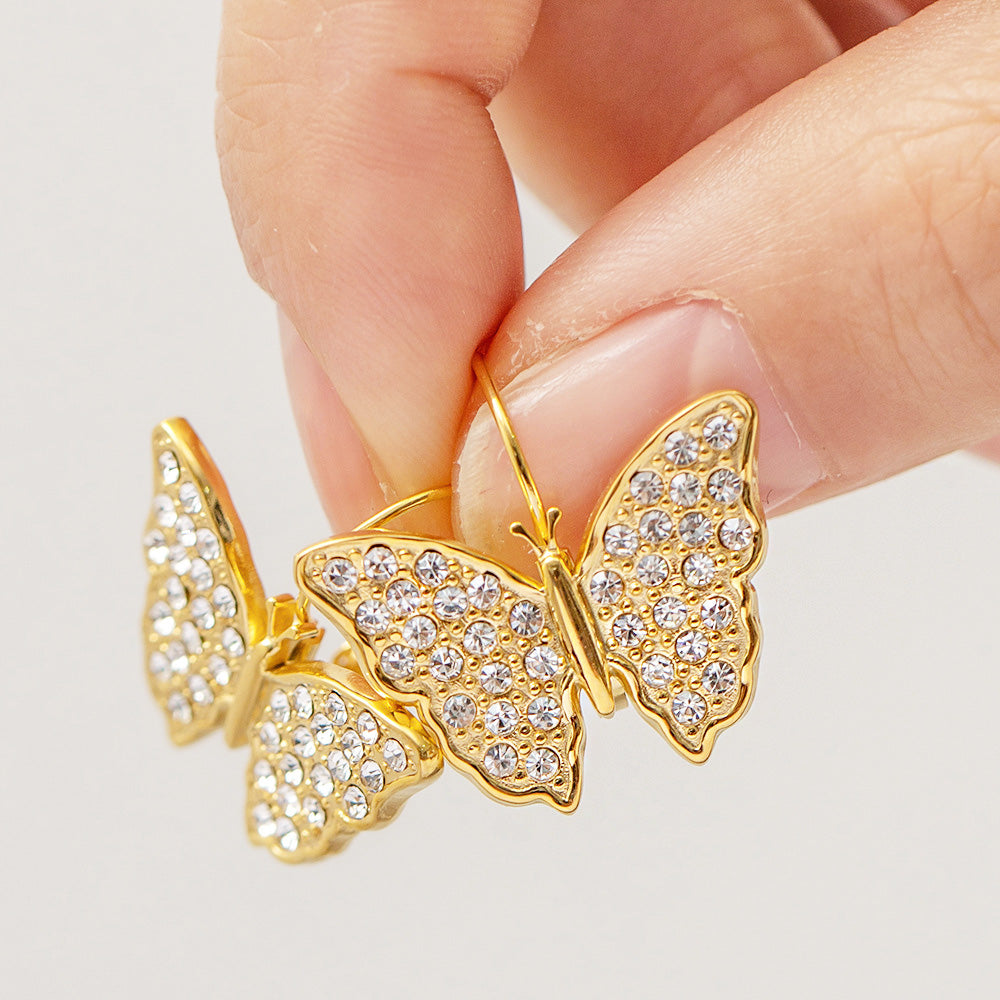 Stainless steel gold zircon butterfly drop hook earrings (5 pairs)