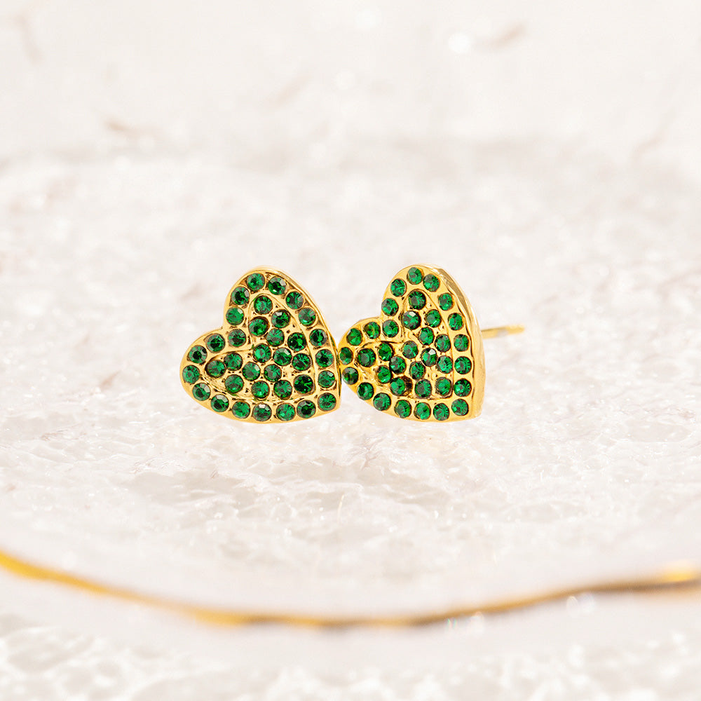 Stainless steel waterproof gold pave green zircon heart stud earrings (5 pairs)