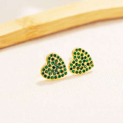 Stainless steel waterproof gold pave green zircon heart stud earrings (5 pairs)