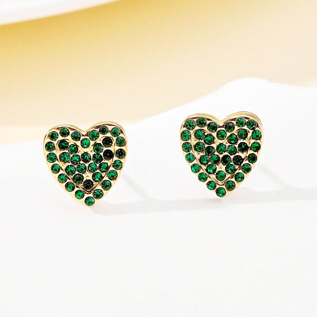 Aretes de acero inoxidable con forma de corazón y circonitas verdes, resistentes al agua, con pavé de oro (10 pares)