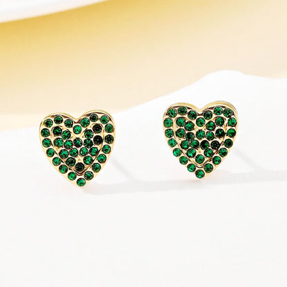 Stainless steel waterproof gold pave green zircon heart stud earrings (5 pairs)