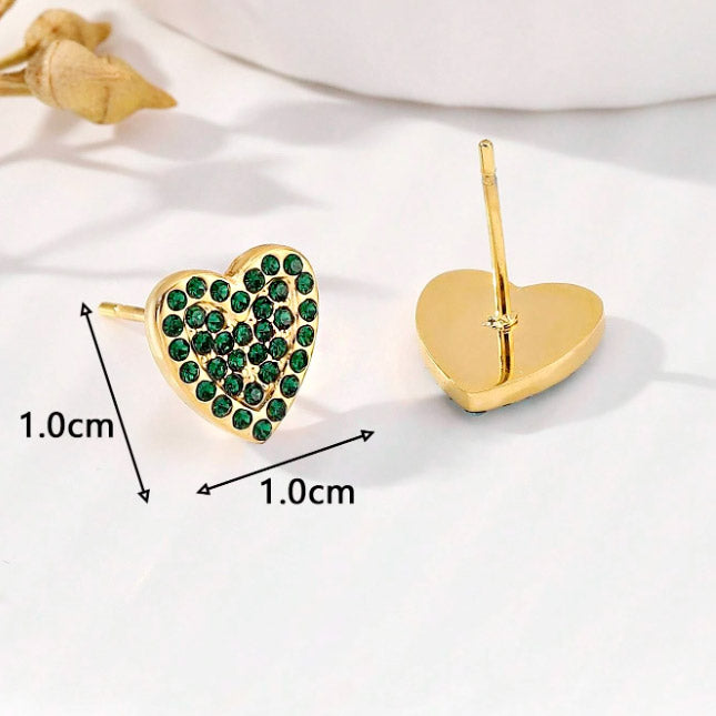 Boucles d'oreilles à tige en acier inoxydable, imperméables, pavé d'or, zircon vert, cœur (10 paires)