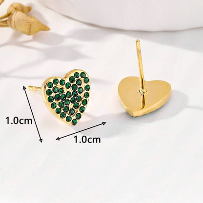 Stainless steel waterproof gold pave green zircon heart stud earrings (5 pairs)