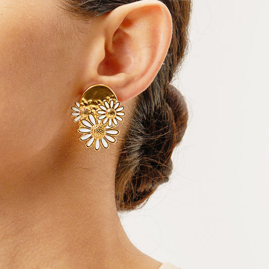 Aretes con forma de flor de margarita, girasol y esmalte dorado de acero inoxidable (10 pares)