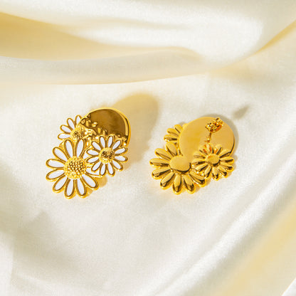 Stainless steel gold enamel sunflower daisy flower stud earrings (5 pairs)