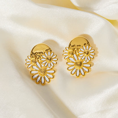 Stainless steel gold enamel sunflower daisy flower stud earrings (5 pairs)