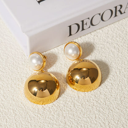 Boucles d'oreilles pendantes en acier inoxydable avec perles incrustées d'or et dôme hémisphère brillant (10 paires)