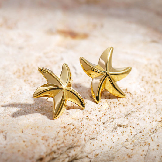 Stainless steel beach jewelry waterproof gold star starfish stud earrings (10 pairs)