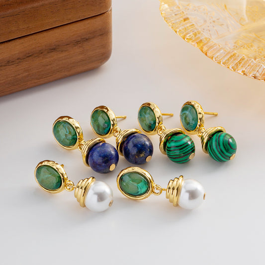 Stainless steel natural stone Lapis Lazuli Malachite drop earrings (5 pairs)