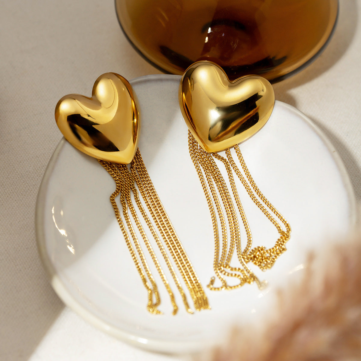 Stainless steel gold heart long tassel stud earrings (5 pairs)