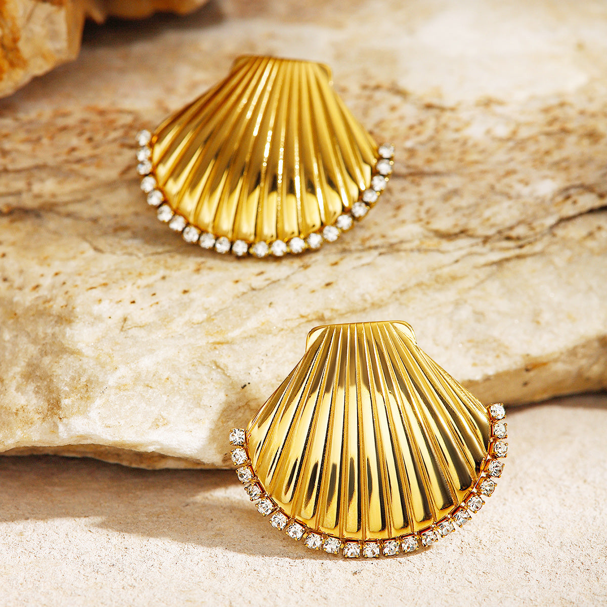 Stainless steel waterproof beach jewelry gold CZ stone scallop shell stud earrings (5 pairs)