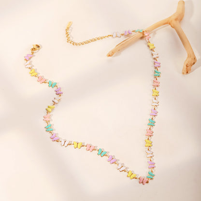 Stainless steel colorful enamel butterfly charm chain collar necklaces Set of 5