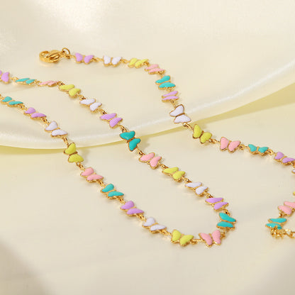 Stainless steel colorful enamel butterfly charm chain collar necklaces Set of 5