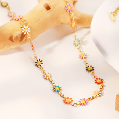 Stainless steel enamel daisy flower chain choker necklaces Set of 5