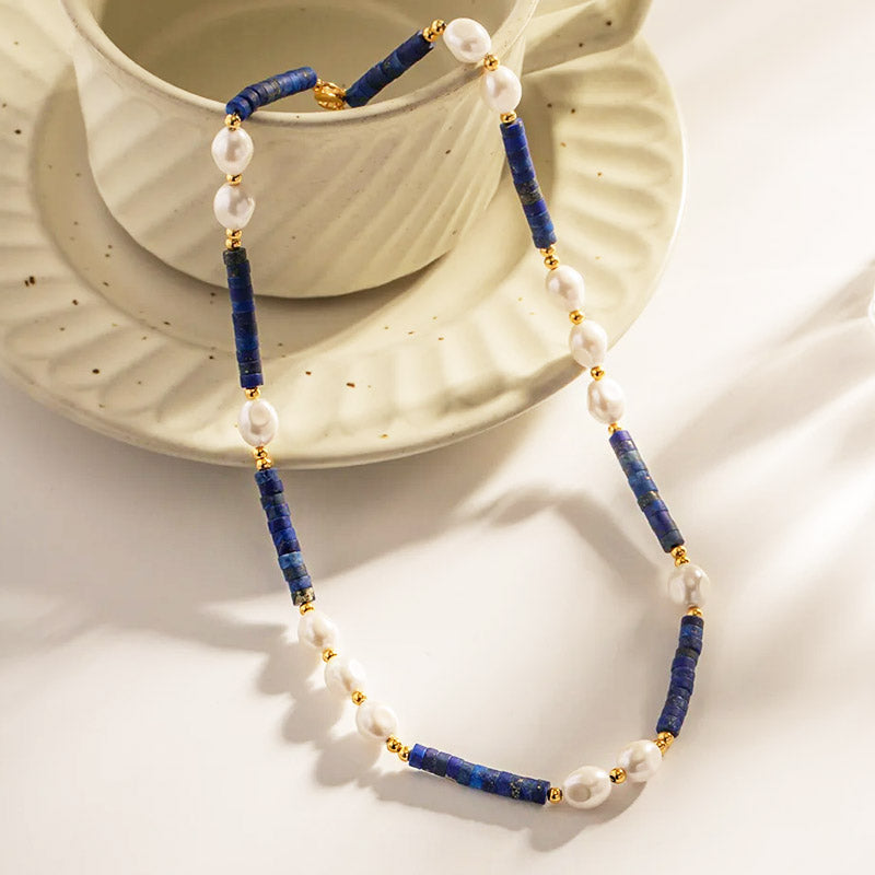 Waterproof blue Lapis stone bead baroque freshwater pearl choker necklaces  Set of 5