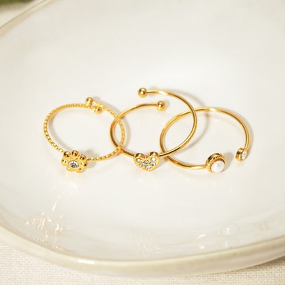 Stainless steel gold plated teen girls adjustable flower butterfly heart dainty rings set (5 sets)