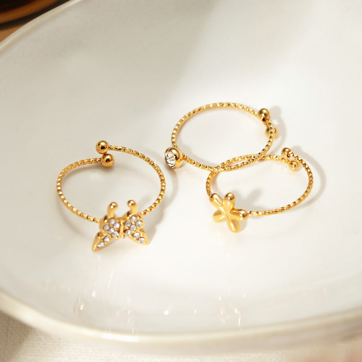 Stainless steel gold plated teen girls adjustable flower butterfly heart dainty rings set (5 sets)