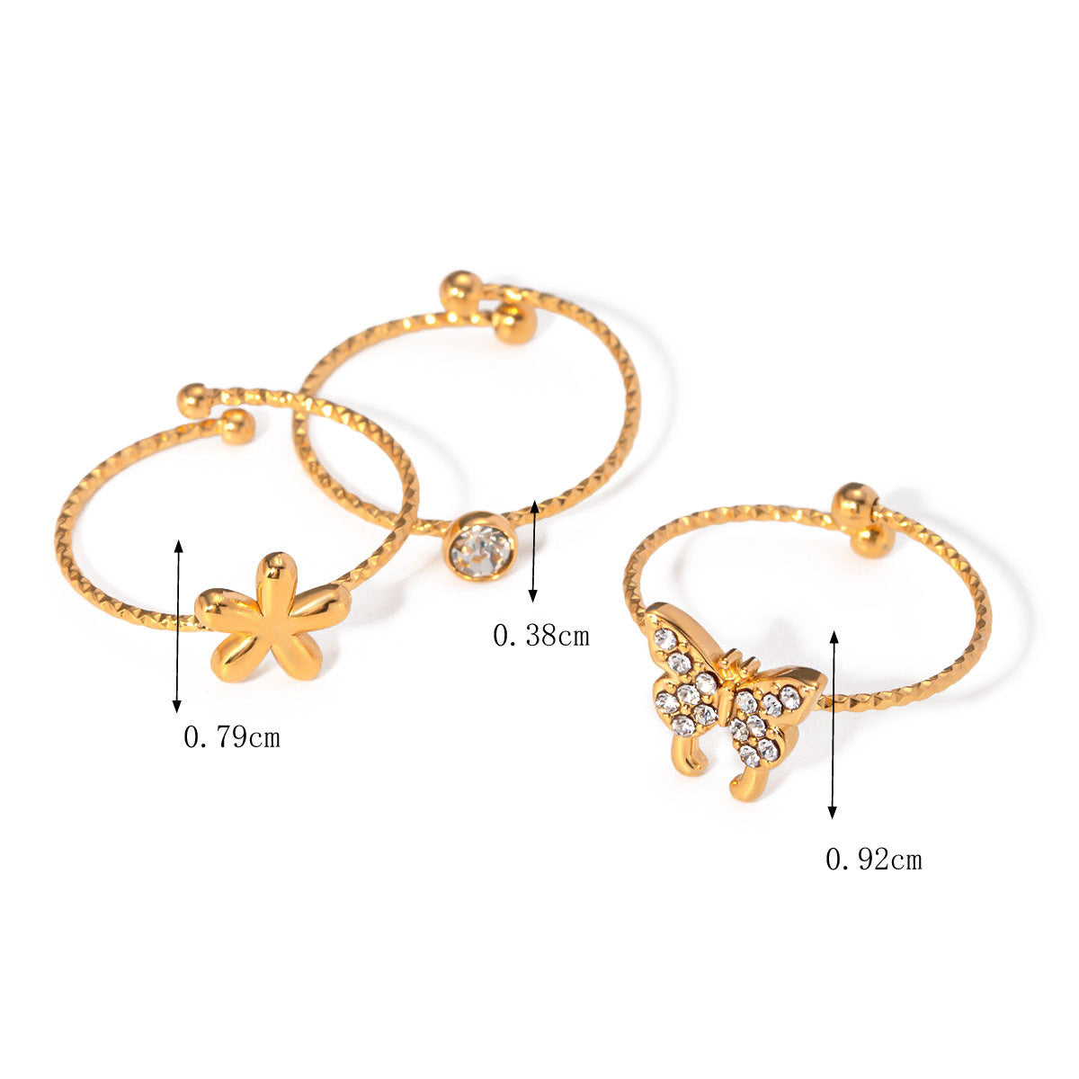 Stainless steel gold plated teen girls adjustable flower butterfly heart dainty rings set (5 sets)