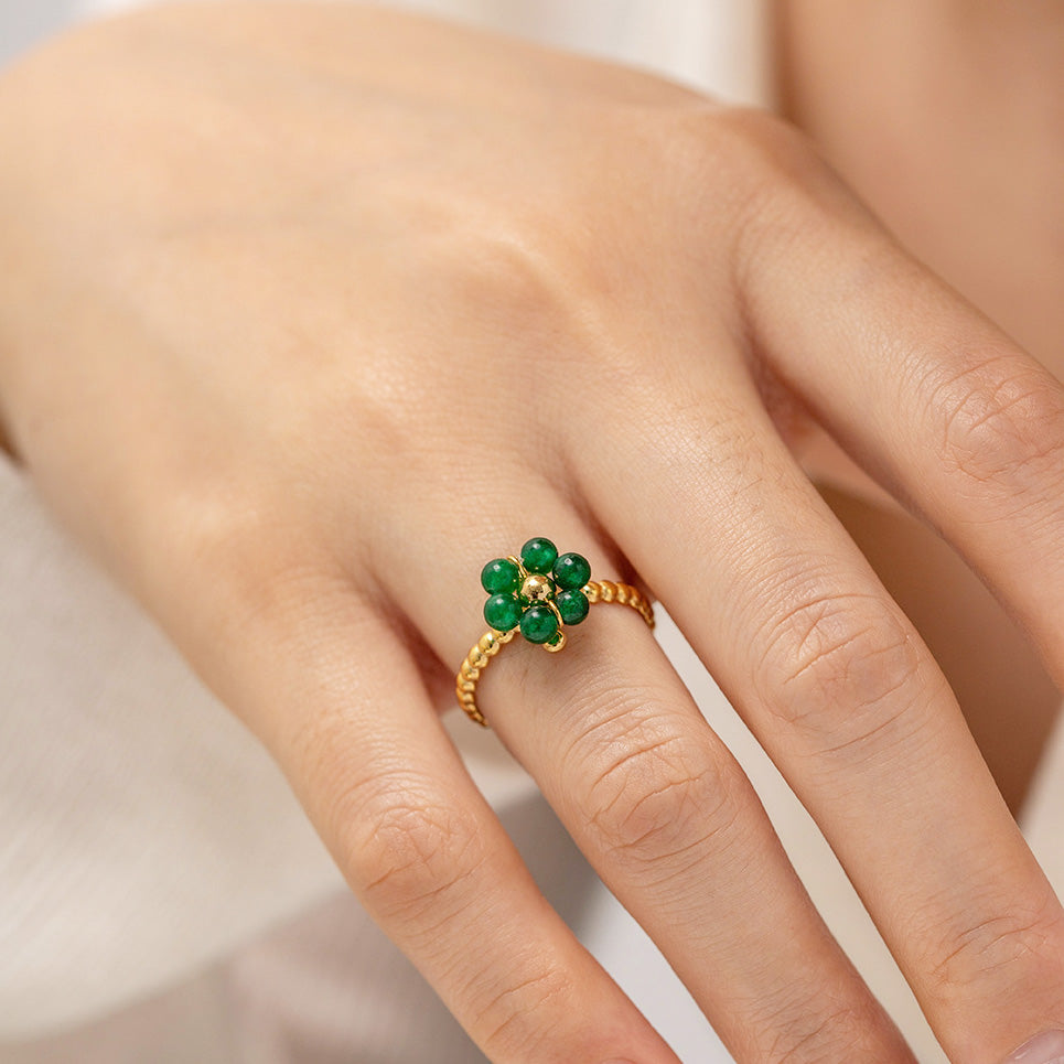 Stainless steel gold green natural stone flower open rings Set of 5