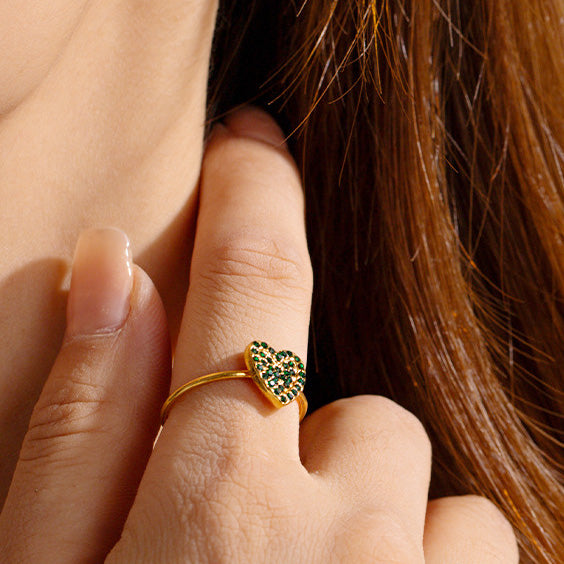 Stainless steel gold pave green zircon heart adjustable rings Set of 5