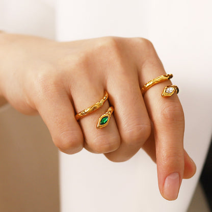 Stainless steel gold white green zircon snake resizable rings Set of 5