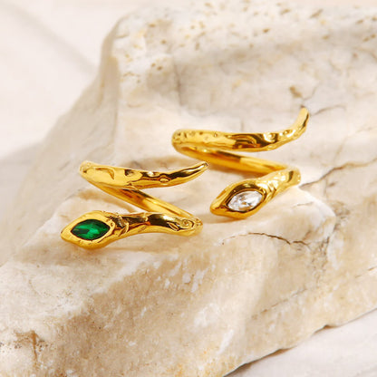 Anillos ajustables de tamaño serpiente de circonita verde blanco dorado de acero inoxidable Juego de 10