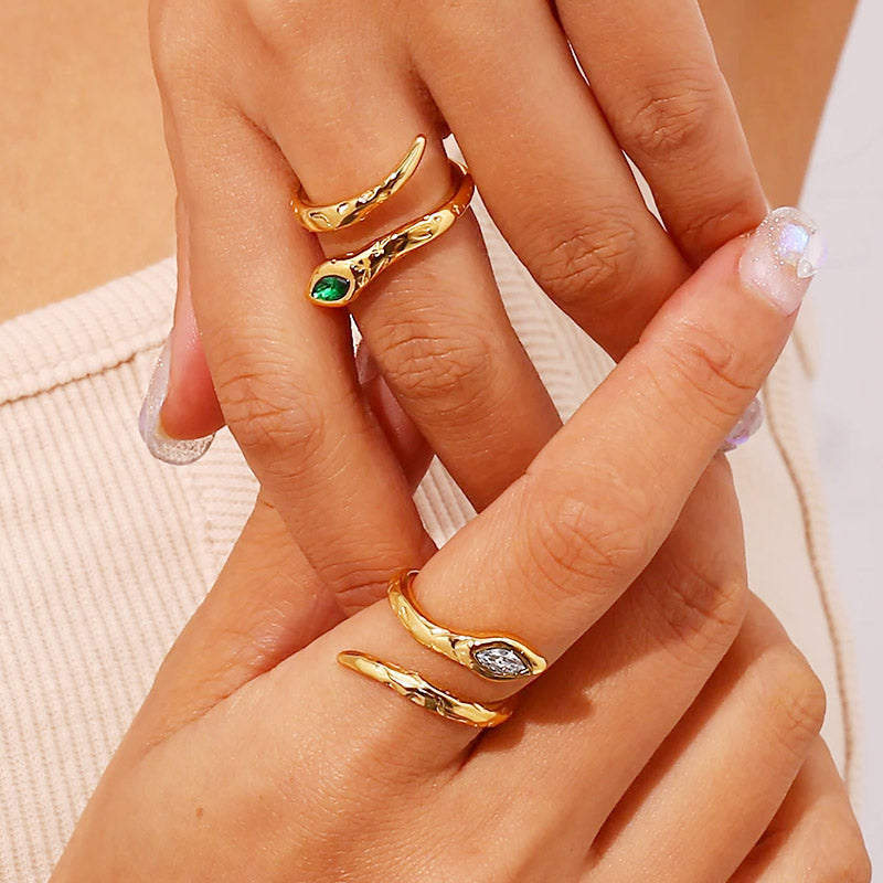 Stainless steel gold white green zircon snake resizable rings Set of 5