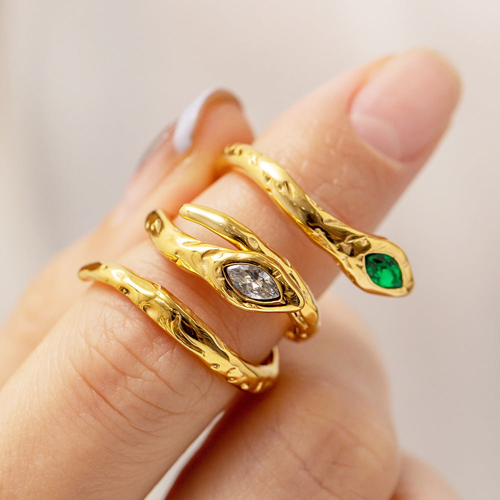 Stainless steel gold white green zircon snake resizable rings Set of 5