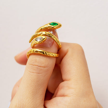 Stainless steel gold white green zircon snake resizable rings Set of 5