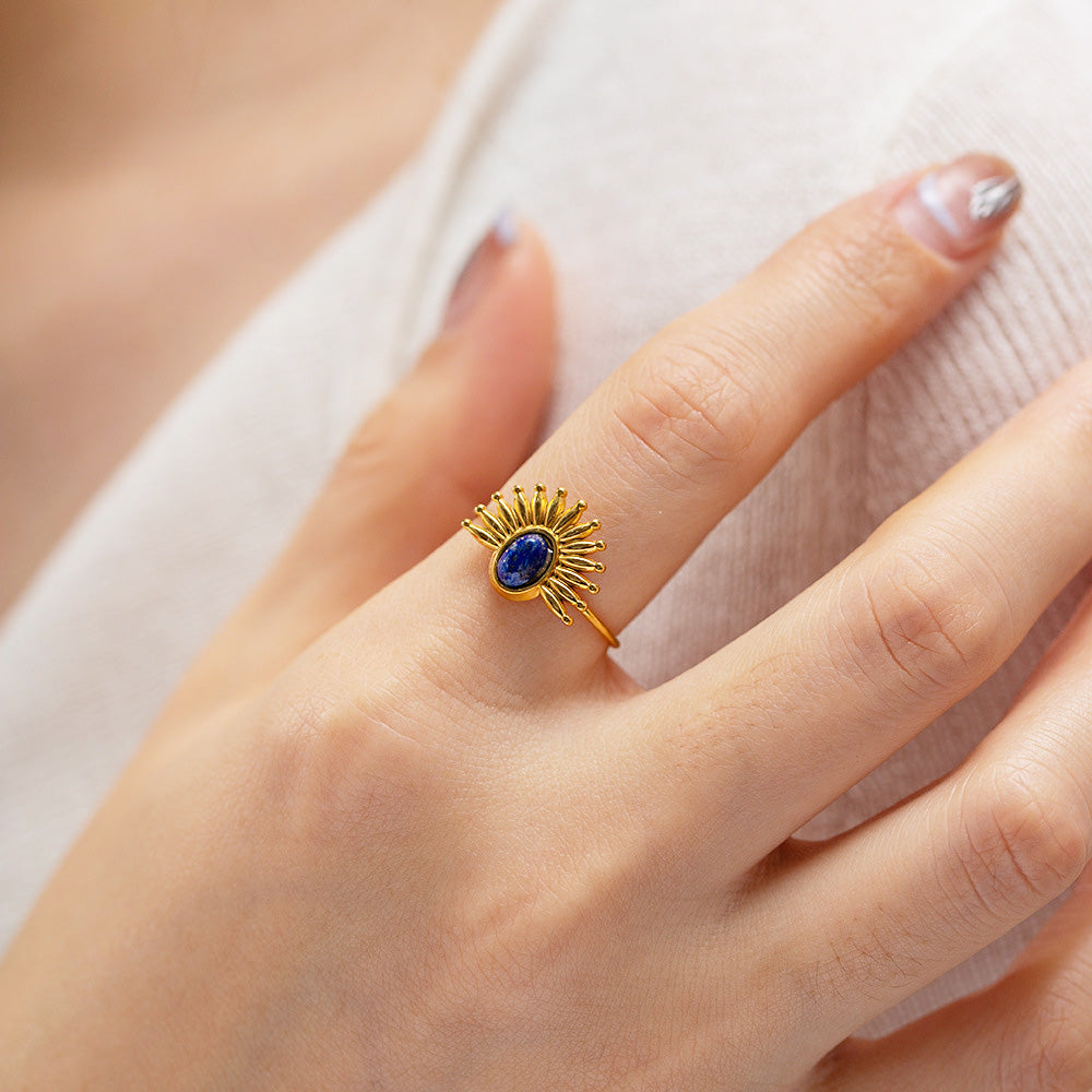 Stainless steel blue Lapis Lazuli Lazurite sunburst style adjustable rings Set of 5