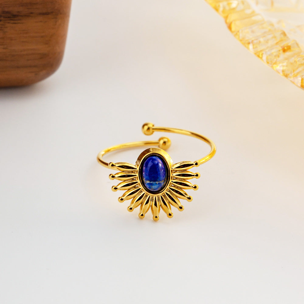 Stainless steel blue Lapis Lazuli Lazurite sunburst style adjustable rings Set of 5