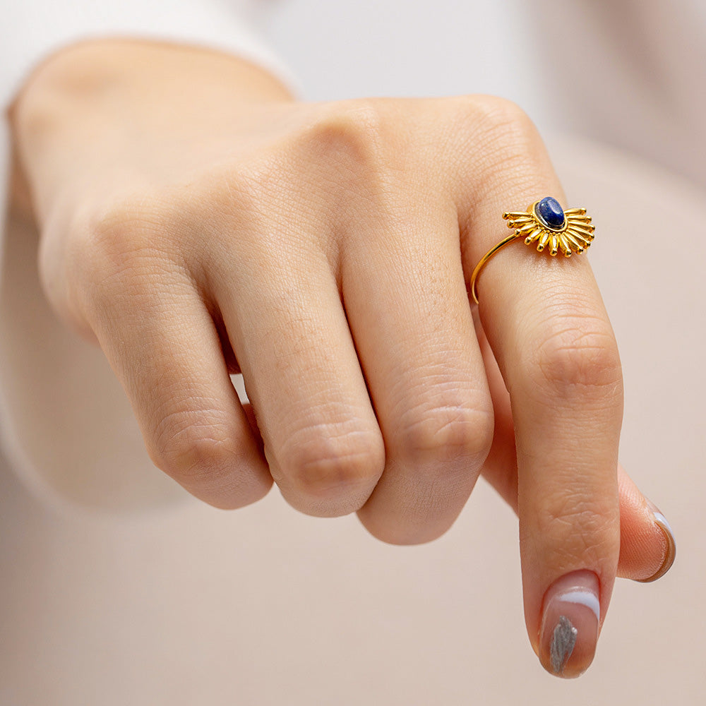 Stainless steel blue Lapis Lazuli Lazurite sunburst style adjustable rings Set of 5