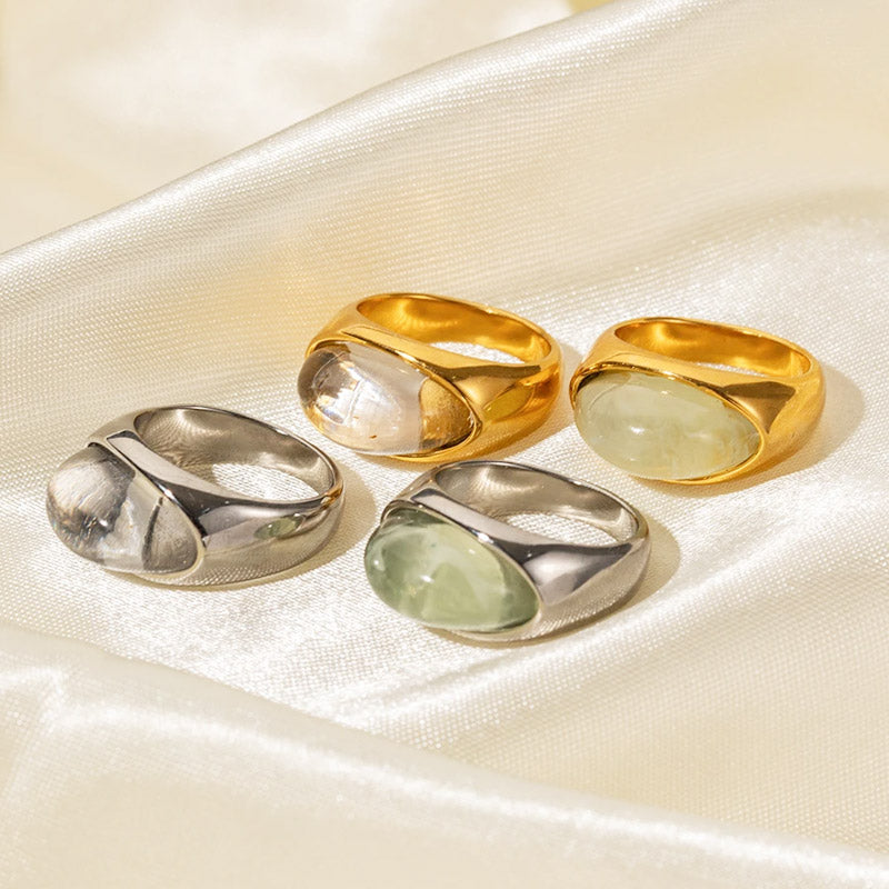 Stainless steel chunky clear resin cabochon gemstone rings Set of 5