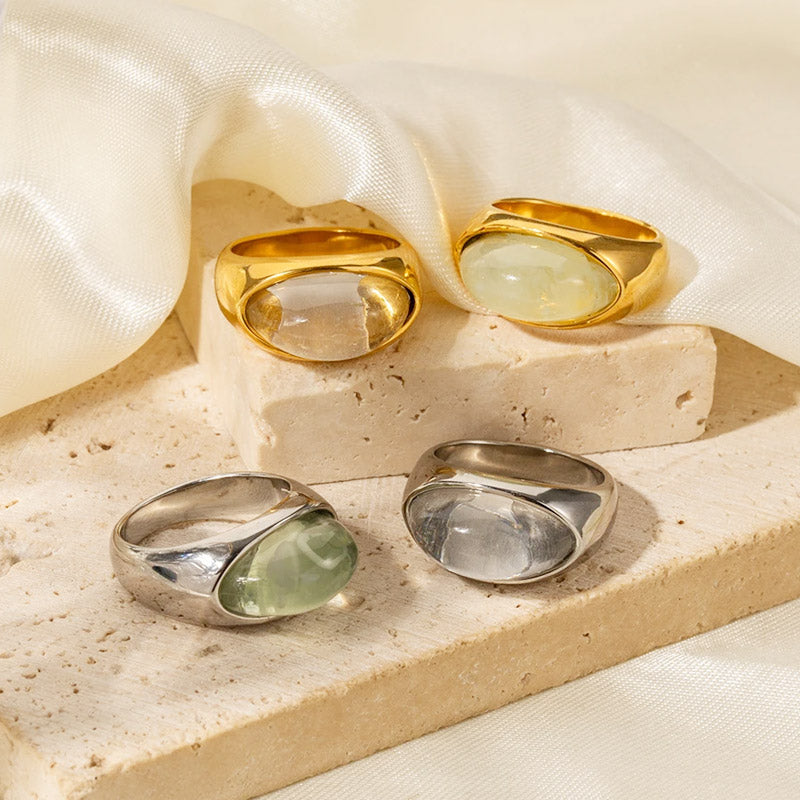 Stainless steel chunky clear resin cabochon gemstone rings Set of 5