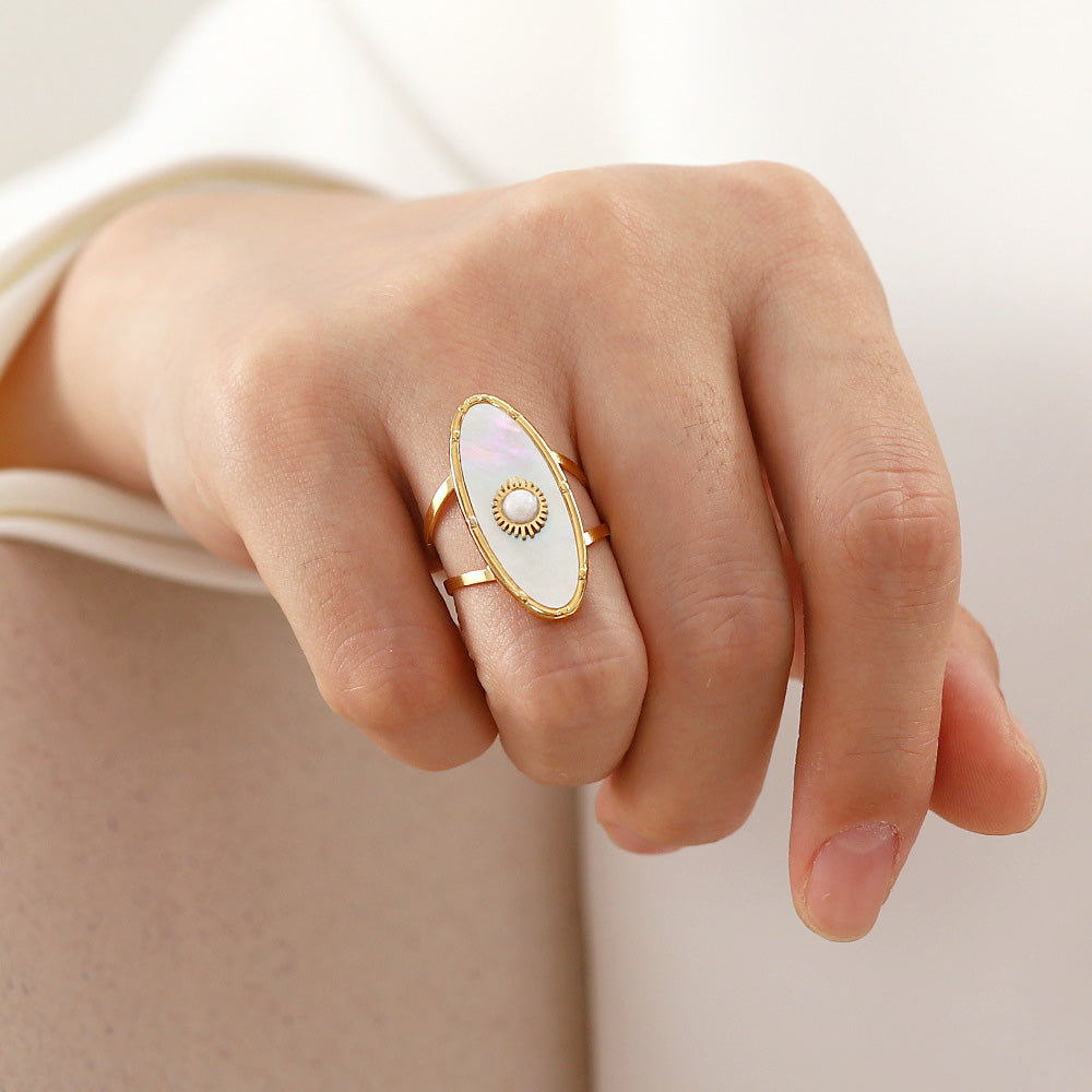 Stainless steel gold oval eyes mother of pearl white shell open finger rings Set of 5