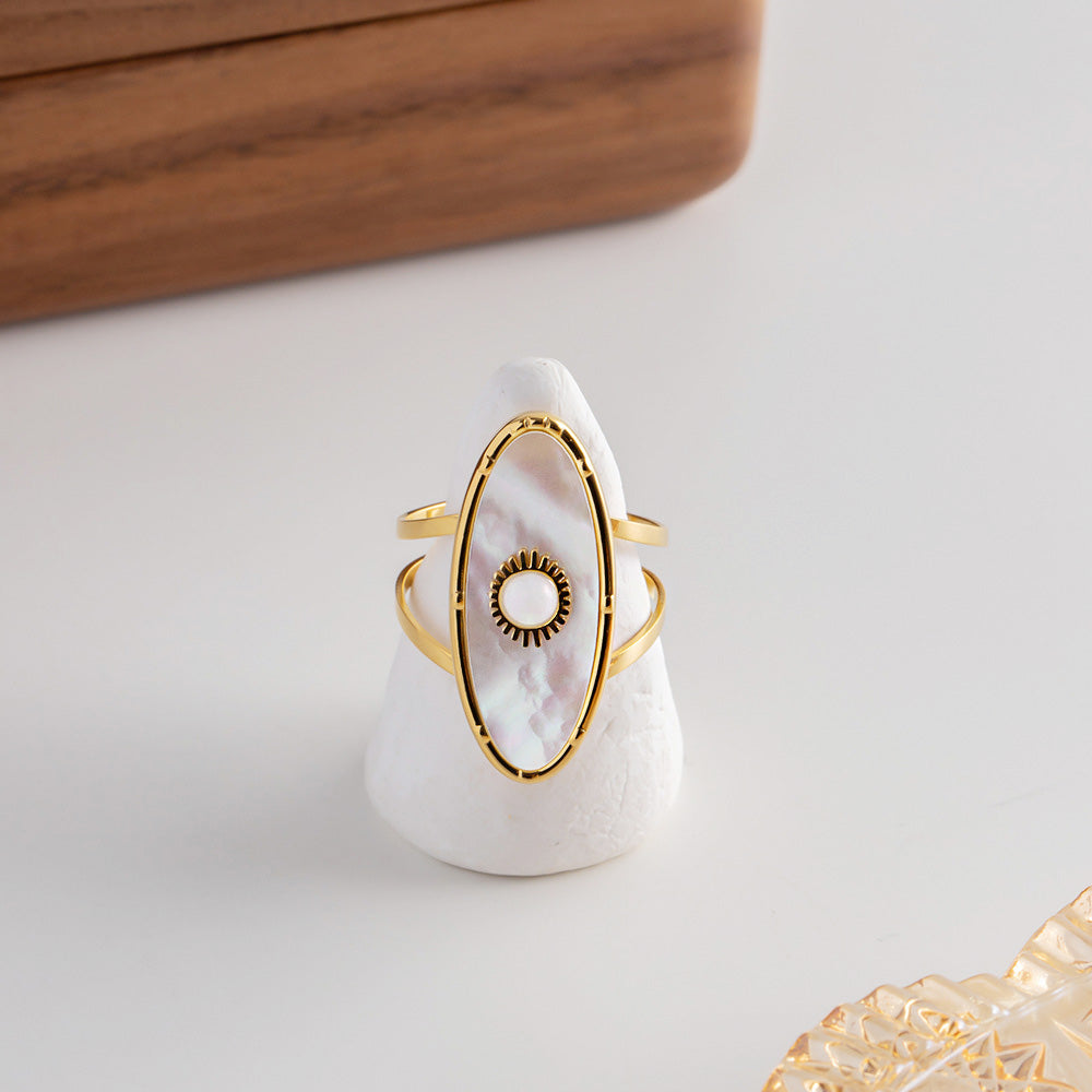 Stainless steel gold oval eyes mother of pearl white shell open finger rings Set of 5