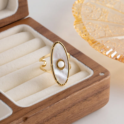 Stainless steel gold oval eyes mother of pearl white shell open finger rings Set of 5