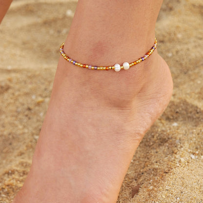 Stainless steel beach jewelry pearl stained glass beads chains anklets Set of 5