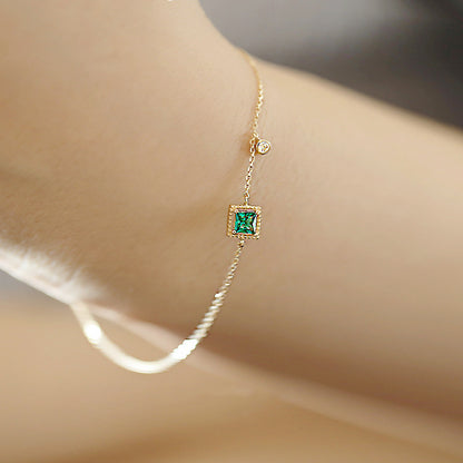 Wholesale 925 sterling silver gold plated single square green emerald zircon chain bracelets Set of 5