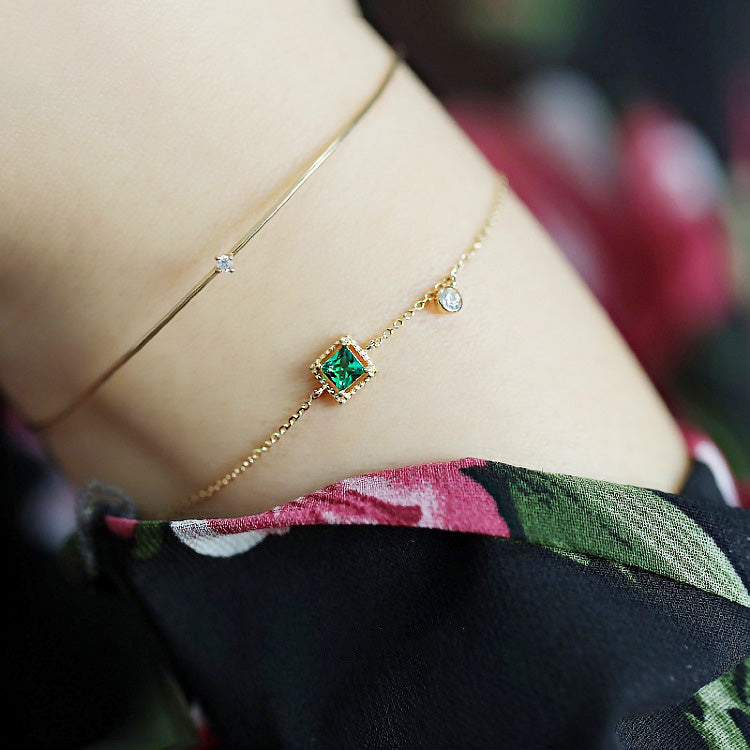 Wholesale 925 sterling silver gold plated single square green emerald zircon chain bracelets Set of 5