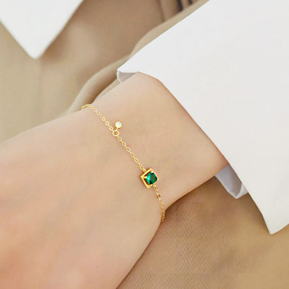 Wholesale 925 sterling silver gold plated single square green emerald zircon chain bracelets Set of 5