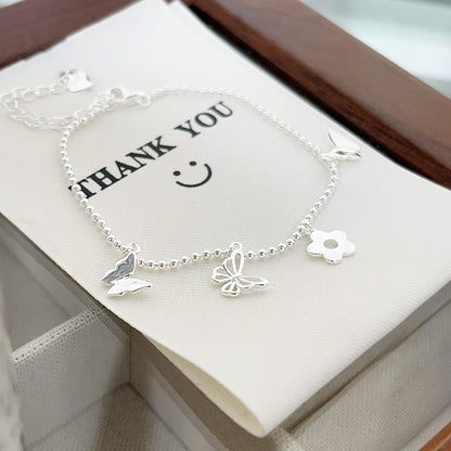 Wholesale 925 sterling silver butterfly and flower charms ball chain bracelets Set of 5