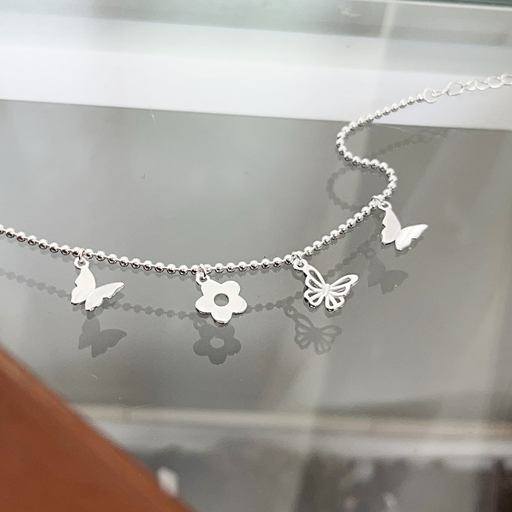 Wholesale 925 sterling silver butterfly and flower charms ball chain bracelets Set of 5