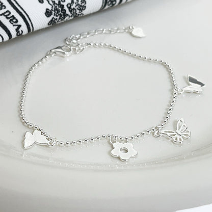 Wholesale 925 sterling silver butterfly and flower charms ball chain bracelets Set of 5