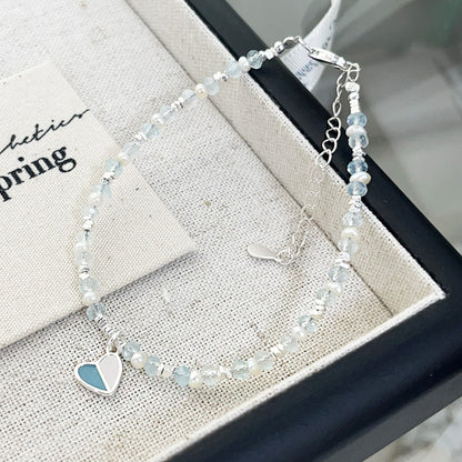 Wholesale 925 sterling silver enamel heart charm pearl and glass bead chain bracelets Set of 5