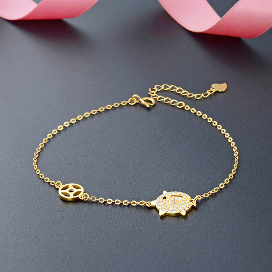 925 sterling silver gold plated pave zircon pig charm bracelets Set of 10