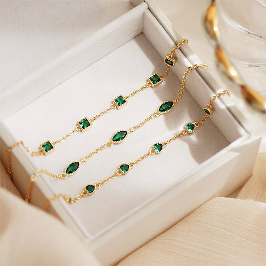 925 sterling silver simple three different shape green emerald crystal bracelets Set of 10