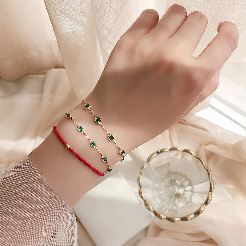 Pulseras simples de plata de ley 925 con tres formas diferentes de cristal verde esmeralda, juego de 10